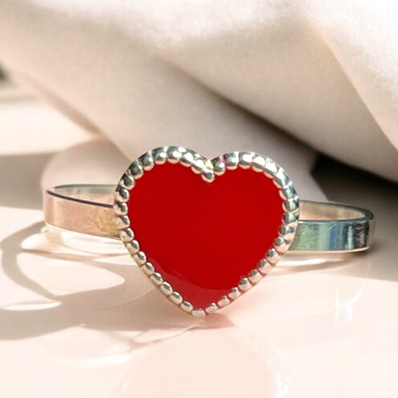 925 Sterling Silver Red Heart Ring size 8. Taxco silver. - Picture 1 of 8